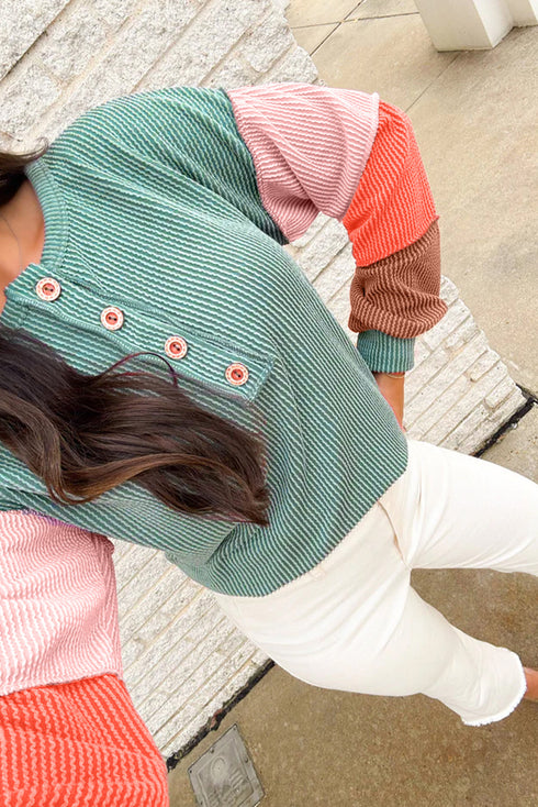 Button Henley Patchwork Textured Knit Balloon Sleeve Top Longline Casual